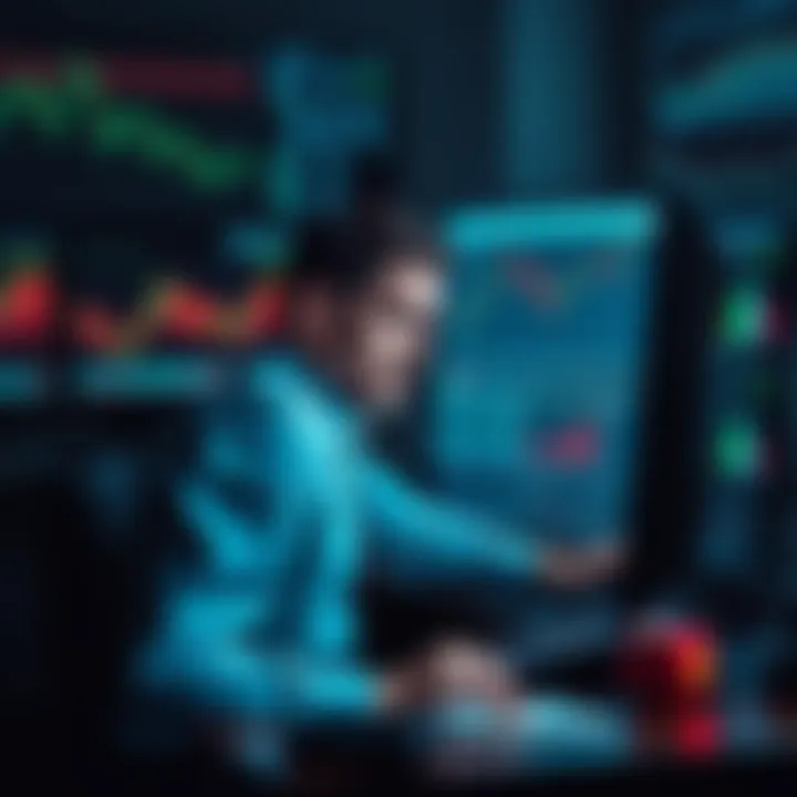 A trader sits at a desk looking stressed, surrounded by charts and graphs on a computer screen, symbolizing the struggle with crypto investments.